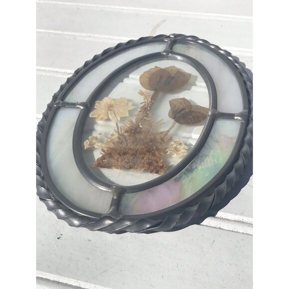 Vtg Stained Glass Pewter Frame Dried Flowers Floral Wall Hanging Sun Catcher Art - Picture 3 of 11